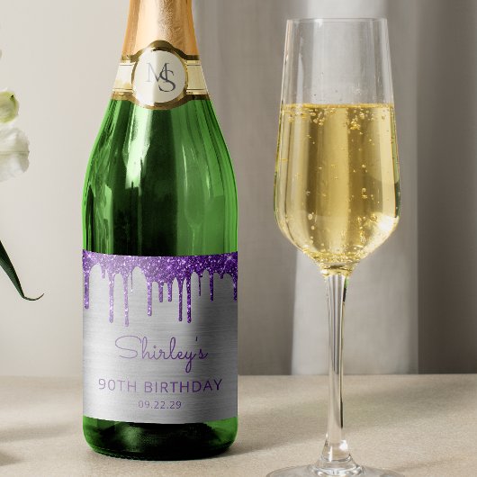 パープルグリッタードリップシルバー90thバースデーパーティー スパークリングワインラベル