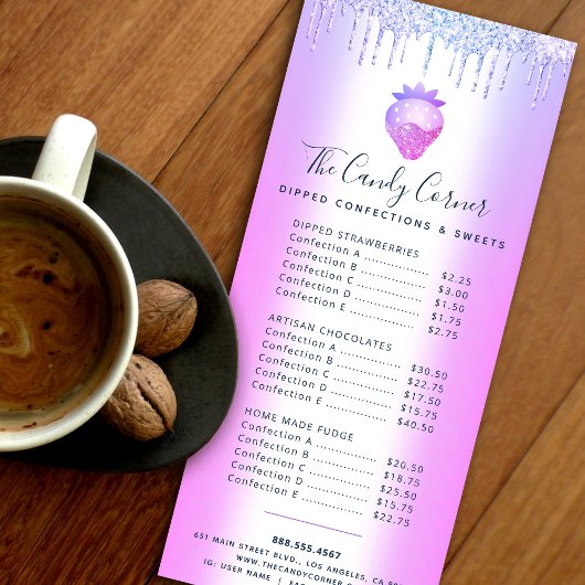 パープルグリッタードリップストロベリーデザートスイートメニュー ラックカード