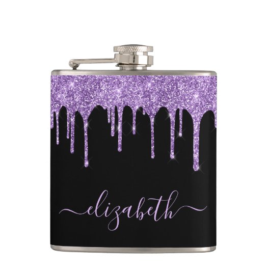 パープルグリッタードリップスパーソナライズされたブラックフラスコ フラスク (正面)