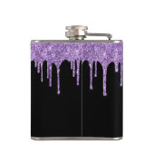 パープルグリッタードリップスパーソナライズされたブラックフラスコ フラスク (裏面)