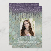 パープルグリッタードリップマーメイドスウィート16写真 招待状 (正面/裏面)