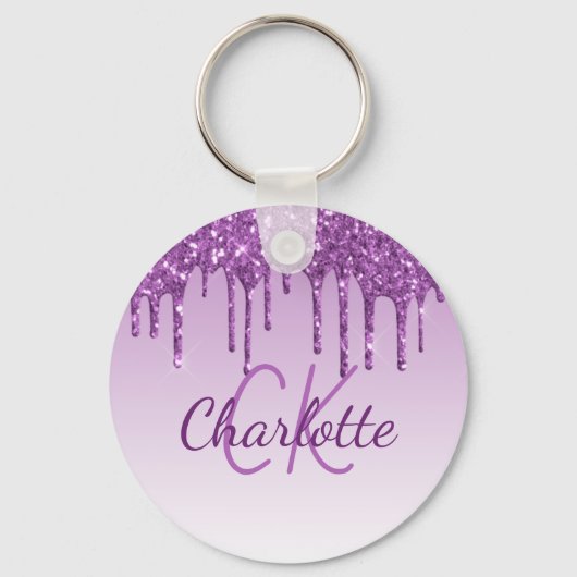 パープルグリッタードリップモノグラムイニシャル名 キーホルダー (正面)