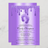 パープルグリッタードリップラグジュアリーベビー足シャワーインビタ 招待状 (正面/裏面)