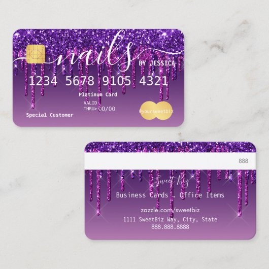 パープルグリッタードリップ爪、 ネイルクレジット名刺 名刺 (正面/裏面)