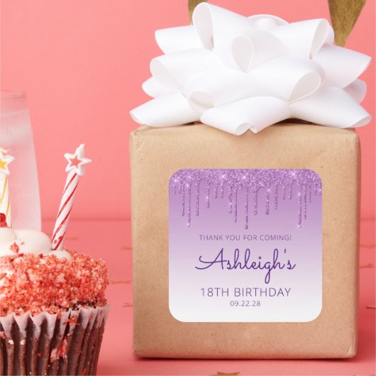 パープルグリッタードリップ18thバースデーパーティーありがとう スクエアシール (パーティー)