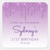 パープルグリッタードリップ21歳の誕生日ありがとう スクエアシール (正面)