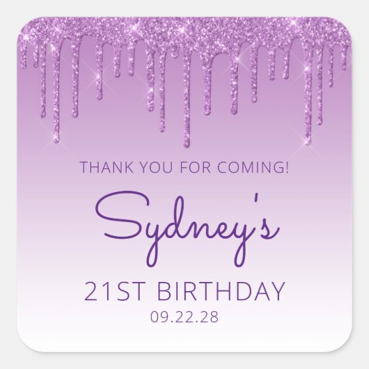 パープルグリッタードリップ21歳の誕生日ありがとう スクエアシール (正面)