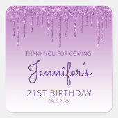 パープルグリッタードリップ21歳の誕生日パーティーありがとう スクエアシール (正面)