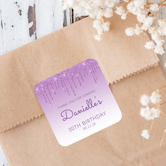 パープルグリッタードリップ30歳の誕生日ありがとう スクエアシール