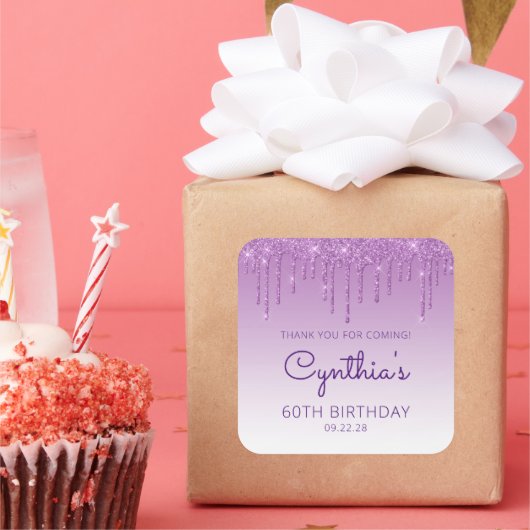 パープルグリッタードリップ60thバースデーパーティーありがとう スクエアシール (パーティー)