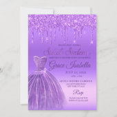 パープルグリッタードリップSweet sixteen誕生日 招待状 (正面)