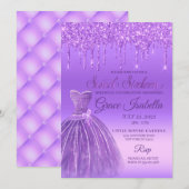 パープルグリッタードリップSweet sixteen誕生日 招待状 (正面/裏面)