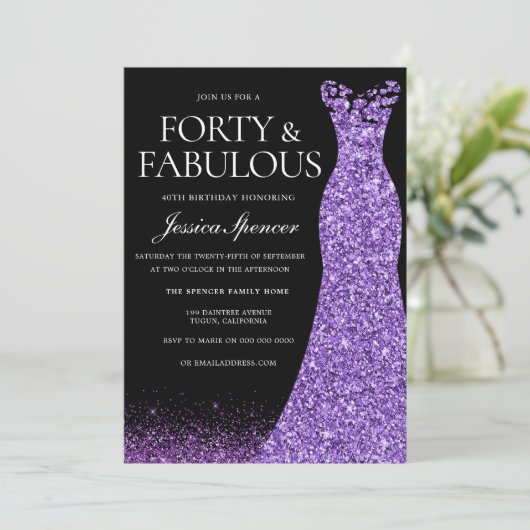 パープルグリッタードレスガウン40th誕生日パーティー 招待状 (スタンド正面)