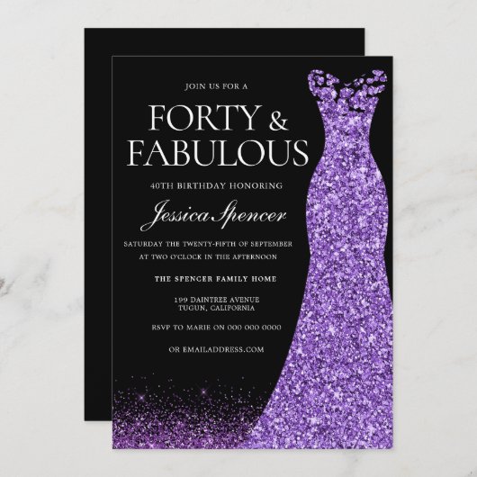 パープルグリッタードレスガウン40th誕生日パーティー 招待状 (正面/裏面)