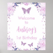 パープルグリッターバタフライ誕生日ウェルカムポスター ポスター (正面)