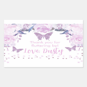 パープルグリッターバタフライ誕生日シール 長方形シール