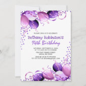 パープルグリッターバルーン誕生日 招待状 (正面)