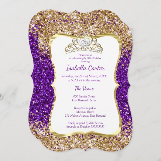 パープルグリッターバースデーパーティー金ゴールドホワイトティアラ 招待状 (正面/裏面)