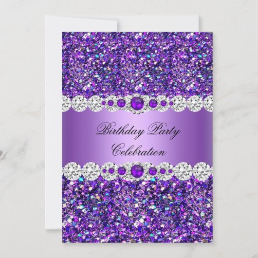 パープルグリッターパールダイヤモンドバースデーパーティー 招待状 (裏面)