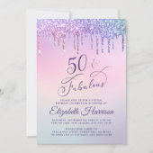 パープルグリッターピンクバーチャル50th誕生日パーティー 招待状 (正面)
