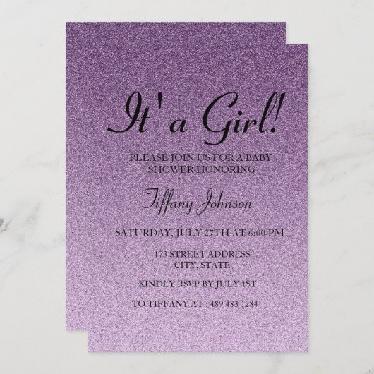 パープルグリッターフェイクその女の子ベビーシャワー招待状 招待状 (正面/裏面)