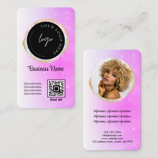 パープルグリッターフェミニンSNSロゴQRコード 名刺 (正面/裏面)
