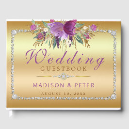 パープルグリッターフラワーズダイアモンド結婚金ゴールド ゲストブック