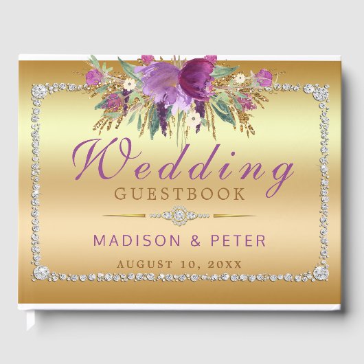 パープルグリッターフラワーズダイアモンド結婚金ゴールド ゲストブック (正面)