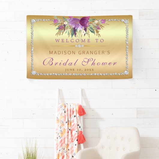 パープルグリッターフラワーズダイアモンド金ゴールドブライダルシャワー 横断幕 (インサイチュ)