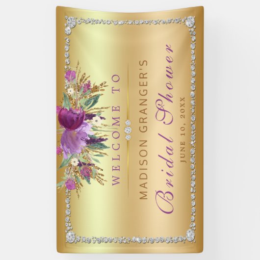 パープルグリッターフラワーズダイアモンド金ゴールドブライダルシャワー 横断幕 (縦)