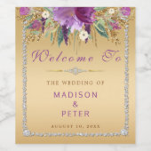 パープルグリッターフラワーズ結婚ダイヤモンドの金ゴールド ワインラベル (シングルラベル)