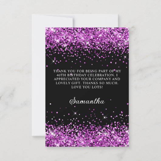 パープルグリッターブラック40歳の誕生日 サンキューカード (裏面)