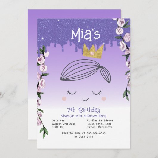 パープルグリッタープリンセスガールズ誕生日 招待状 (正面/裏面)