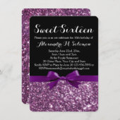 パープルグリッタープリントボウスウィート16パーティの招待状 招待状 (正面/裏面)