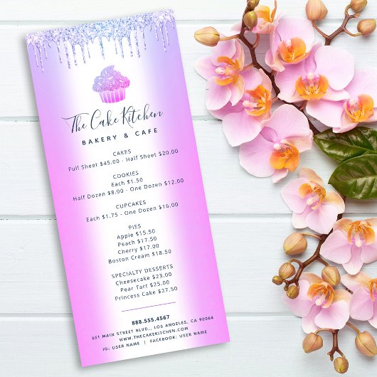 パープルグリッターベーカリーカップケーキパティシシェフメニュー ラックカード