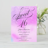 パープルグリッターホログラフィックスクリプトchic Sweet 16 招待状 (スタンド正面)