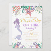 パープルグリッターマーメイドアンダーザシー誕生日 招待状 (正面)