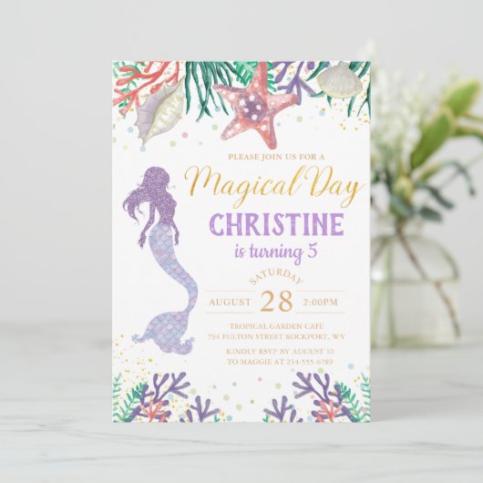 パープルグリッターマーメイドアンダーザシー誕生日 招待状 (スタンド正面)