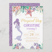 パープルグリッターマーメイドアンダーザシー誕生日 招待状 (正面/裏面)