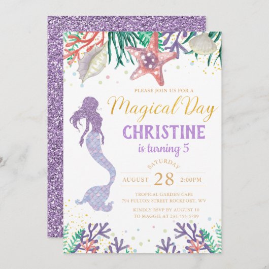 パープルグリッターマーメイドアンダーザシー誕生日 招待状 (正面/裏面)