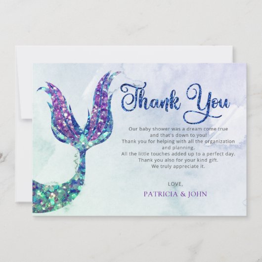 パープルグリッターマーメイドテールベイビーシャワー サンキューカード (正面)