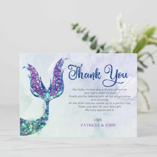 パープルグリッターマーメイドテールベイビーシャワー サンキューカード (スタンド正面)