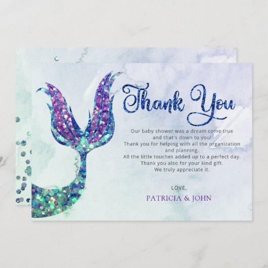 パープルグリッターマーメイドテールベイビーシャワー サンキューカード (正面/裏面)