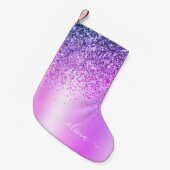 パープルグリッターモノグラムネームラグジュアリーガーリー スモールクリスマスストッキング (正面 (吊り時))
