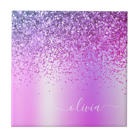 パープルグリッターモノグラムネームラグジュアリーガーリー タイル (正面)