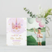 パープルグリッターユニコーン誕生日招待状写真 招待状 (スタンド正面)