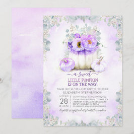 パープルグリッターリトルフローラカボチャ赤ちゃんシャワー 招待状