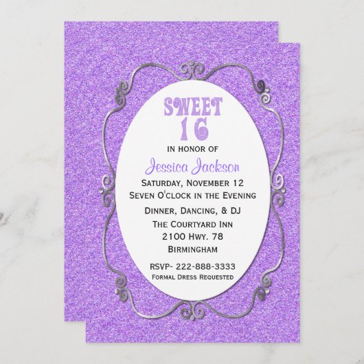 パープルグリッタールックスイート16誕生日招待状 招待状 (正面/裏面)