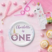 パープルグリッターワンユニコーン1歳の誕生日 ペーパープレート (パーティー)