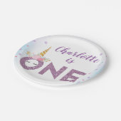パープルグリッターワンユニコーン1歳の誕生日 ペーパープレート (アングル)